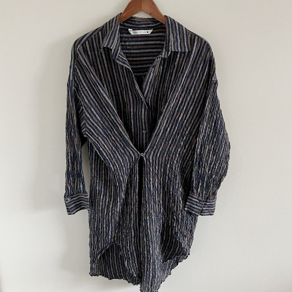 Zara Stripe Tunic Midi Dress M Cotton Blend